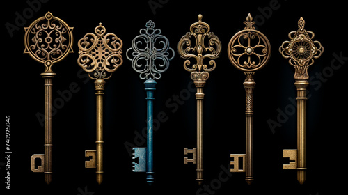 set realistic golden medieval medieval keys with gold and black ornament, vector illustration