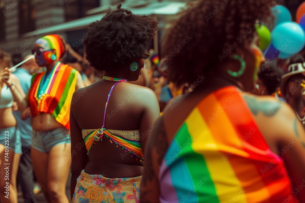 Black woman holding rainbow flag during pride parade
