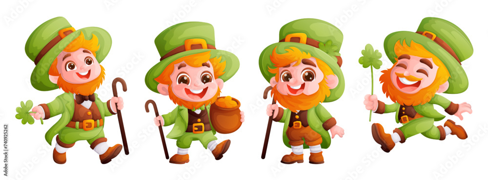Set of four happy and cute leprechauns in a green suit. A red-haired boy with a beard, wearing a green conical hat. Symbol of the holiday Saint Patrick. vector. Set of four happy and cute leprechauns in a green suit. A red-haired boy with a beard, wearing a green conical hat. Symbol of the holiday Saint Patrick. vector.