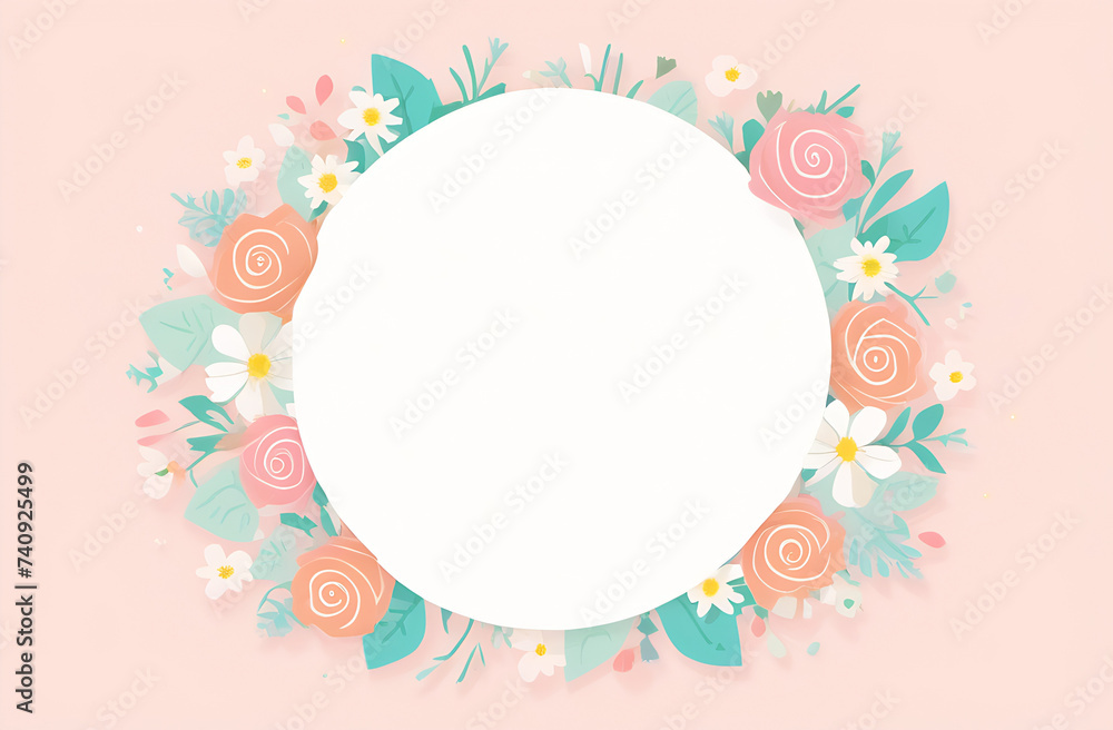White circle surrounded by spring flowers in pastel pink colors in watercolor style for greeting cards