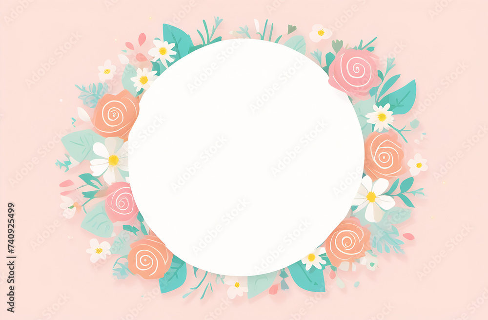 White circle surrounded by spring flowers in pastel pink colors in watercolor style for greeting cards White circle surrounded by spring flowers in pastel pink colors in watercolor style for greeting cards