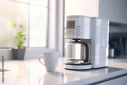 Modern Morning Essentials: Sleek Coffee Maker as Kitchen Banner, Peaceful Start of Day photo