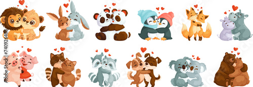 Set of cute, loving hugging animals. Lions, Hares, pandas, hippos, foxes, penguins, piglets, cats, dogs, raccoons, koalas and bears. Animal couples in love
