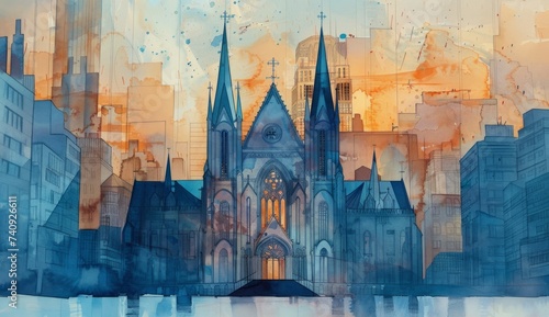 watercolor illustration of a church in a city near a cityscape Generative AI photo