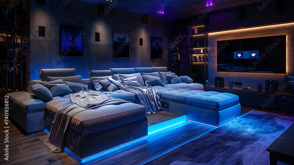 A contemporary sofa with adjustable headrests and built in speakers, providing immersive entertainment and comfort for gaming enthusiasts in a media room - obrazy, fototapety, plakaty 