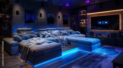 A contemporary sofa with adjustable headrests and built in speakers, providing immersive entertainment and comfort for gaming enthusiasts in a media room photo