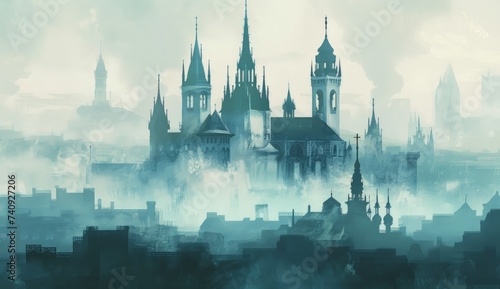 a painting of a church with towers on the side and a city skyline behind Generative AI photo