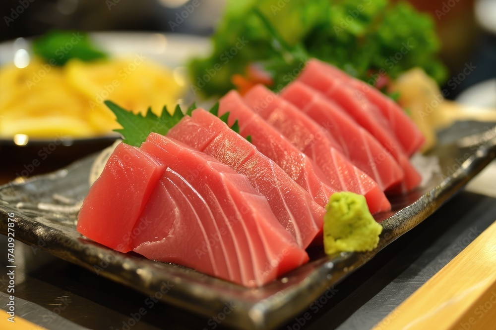 A close-up view of a vibrant and diverse plate of food arranged on a table in a restaurant, High-end restaurant serving bluefin tuna sushi, AI Generated