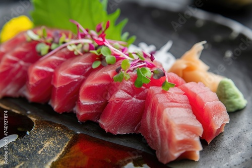 A black plate is filled with a wide variety of sushi rolls, nigiri, and sashimi, creating a colorful and enticing display, High-end restaurant serving bluefin tuna sushi, AI Generated