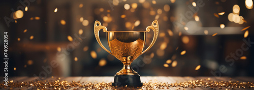 a golden cup on a wooden table, decorated with confetti