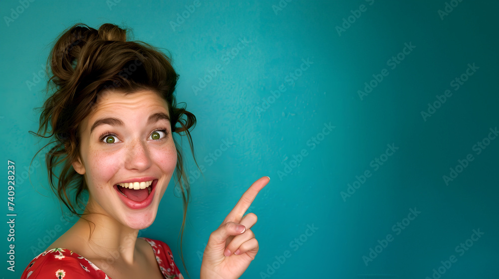Fototapeta premium Cheerful young woman pointing surprisingly - store offer!