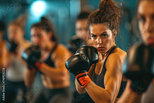 Several individuals wearing boxing gloves engage in a workout session at a gym, High-intensity kickboxing class at a gym, AI Generated