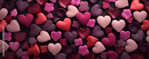 a bunch of pink and red hearts are displayed