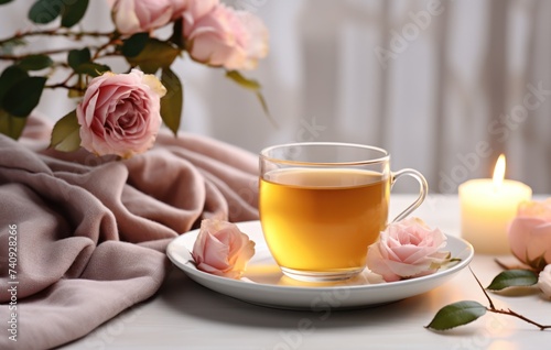 a mug of tea and roses on a table