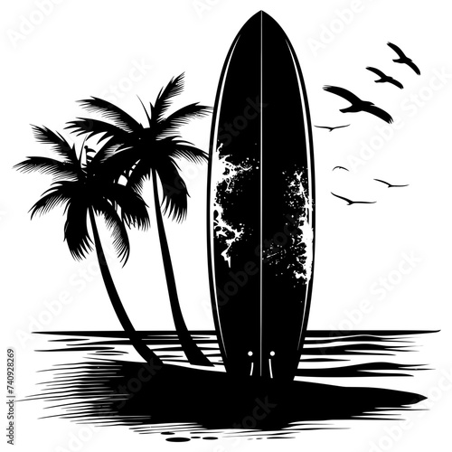 Silhouette surfing board on the beach black color only