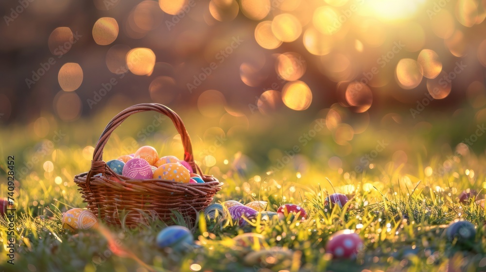 A basket of colored Easter eggs sits on the grass, basking in the sun's warm glow A basket of colored Easter eggs sits on the grass, basking in the sun's warm glow