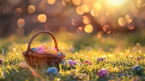 A basket of colored Easter eggs sits on the grass  basking in the sun s warm glow