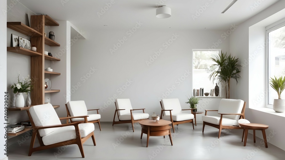 Interior . white walls. wooden shelving up to the ceiling. White armChairs in the style of the 50s. Grey floor. White walls