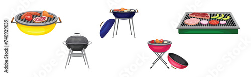Barbecue Grill with Food Cooking on It Vector Set