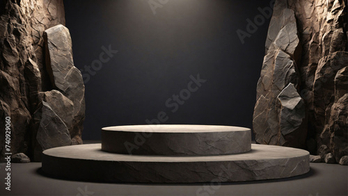 empty stone podium on black background with stone