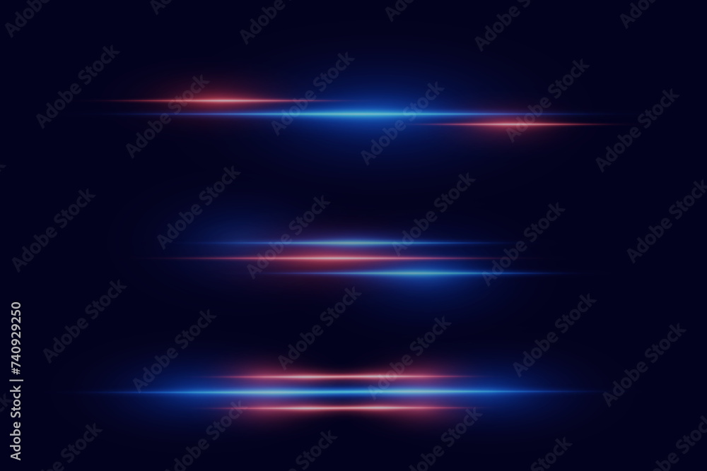 Realistic light reflections, neon illumination of red and blue light. Bright light lens. Police light effects, lines.