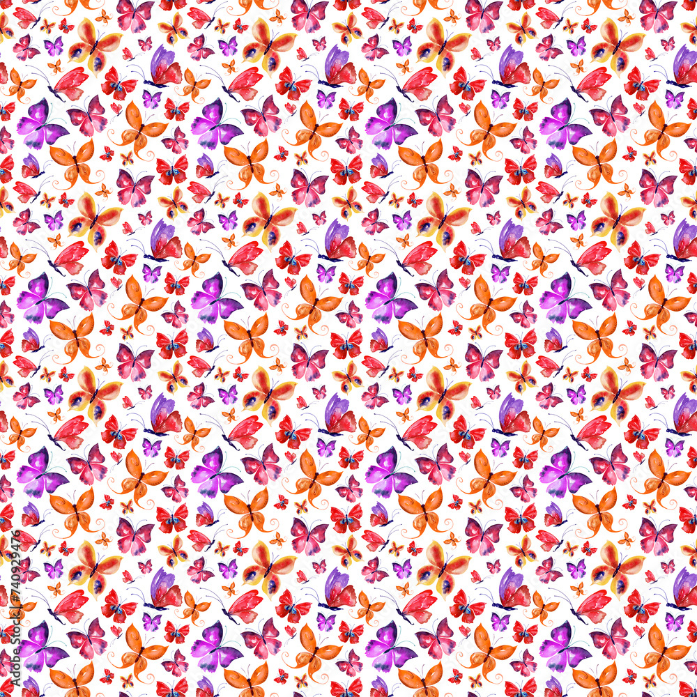 Watercolor seamless pattern with multicolored butterflies