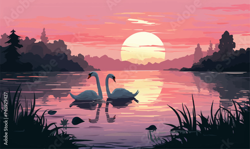 Fototapeta Naklejka Na Ścianę i Meble -  tranquil scene of swans on a lake at dawn vector isolated illustration