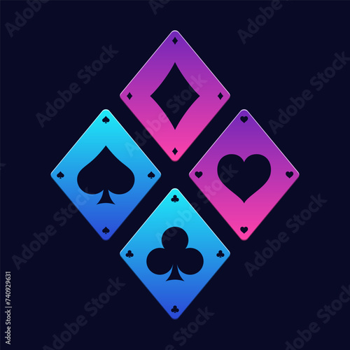 Four vibrant neon poker suits of playing cards spades, diamonds, clubs, and hearts isolated on dark background. Four neon colored poker suit symbols glowing against a dark backdrop.