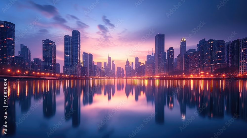 An elegant evening city skyline, lights reflecting on a calm river, skyscrapers silhouetted against a twilight sky, capturing urban beauty. Resplendent.