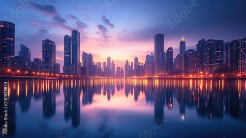 An elegant evening city skyline  lights reflecting on a calm river  skyscrapers silhouetted against a twilight sky  capturing urban beauty. Resplendent.