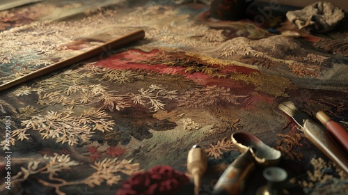A rich tapestry fabric in a mix of earthy tones, laid out on a table to showcase the detailed artwork and deep, tactile texture. 8k photo