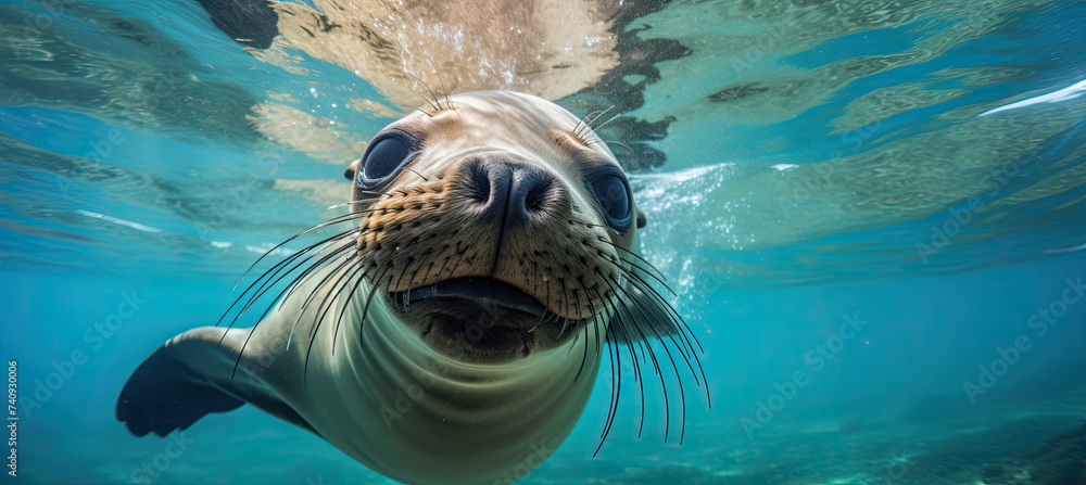 Sea Lion Swimming Underwater background - obrazy, fototapety, plakaty 