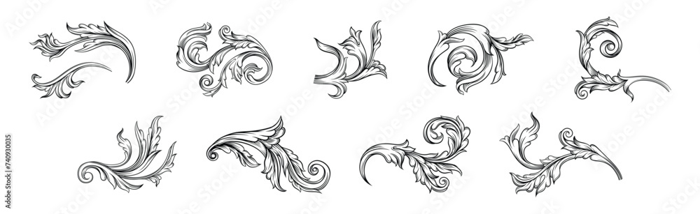 Baroque Scroll as Element of Ornament and Graphic Design with Spirals Vector Set Baroque Scroll as Element of Ornament and Graphic Design with Spirals Vector Set
