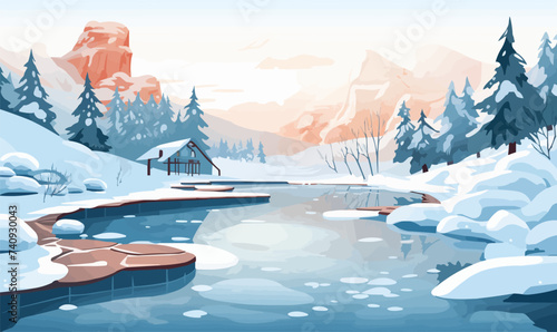 Thermal Hot Springs in Winter vector flat isolated vector style illustration