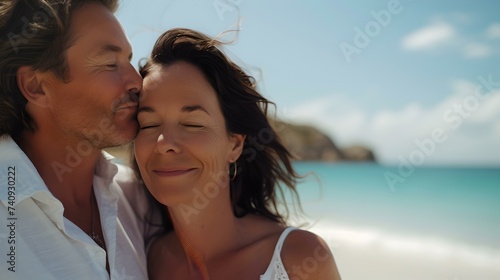 Loving couple sharing a kiss on a sunny beach vacation. emotion and affection in a natural setting, perfect for romance themed visuals. AI