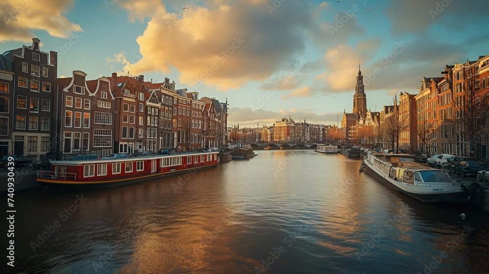 Scenic Amsterdam Canal with Traditional Dutch Houses and Boats Reflecting the Setting Sun