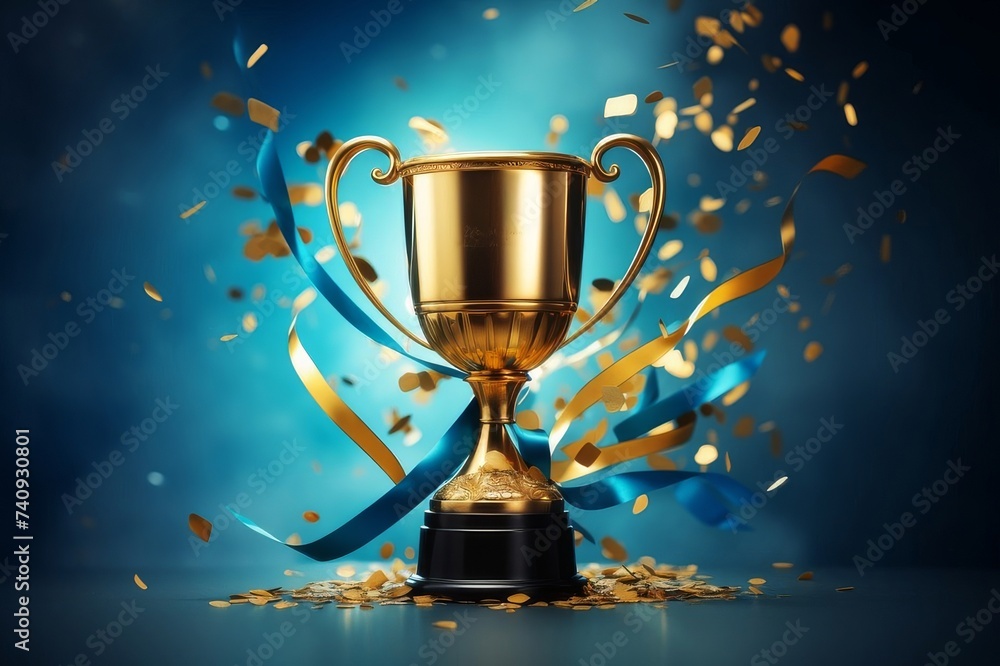 Golden trophy with blue ribbons and confetti isolated on blue background