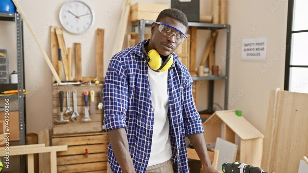 African man in workshop wearing safety goggles and headphones with arms crossed standing confidently African man in workshop wearing safety goggles and headphones with arms crossed standing confidently