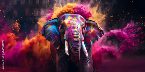 elephant in holi colors against bright colors background  multicolored explosions of holi colors  holi festival
