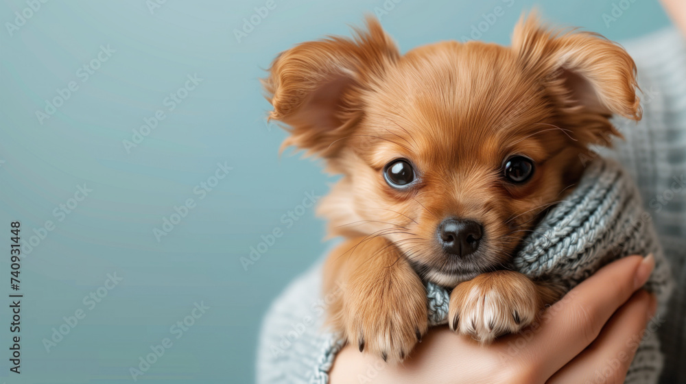 Tender Moment with a Cute Puppy Wrapped in a Warm Knit Sweater.