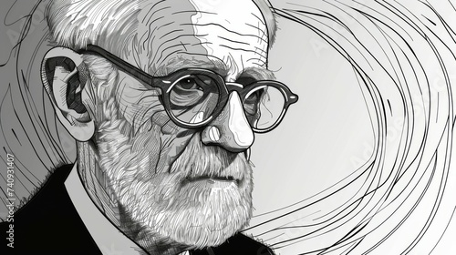 Stylized Portrait of Freud, Pioneer of Psychoanalysis: Exploring the Unconscious, Dreams, Ego, Id, Superego, and Neurosis
 photo