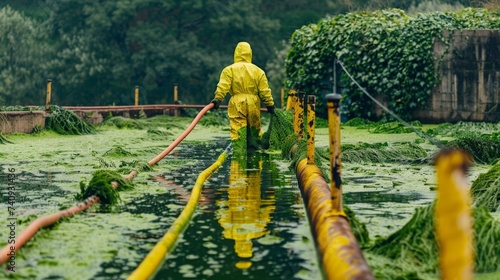 worker in a protective suit, surrounded by green slurpy water,  photo