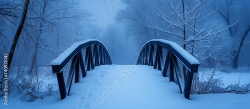 Majestic bridge covered in snow during winter with scenic view of nature and peaceful atmosphere photo