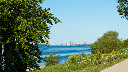 road in the park, photo of the park in summer, road, trees and river photo
