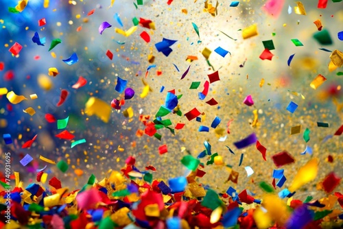 confetti background, Colorful streamers and confetti burst into the air, creating a festive explosion of vibrant hues. The lively scene captures the excitement and celebration, adding a joyful and dyn photo