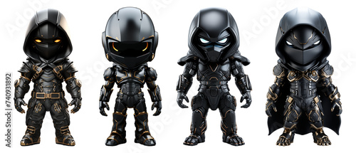 Collection of 3d animation of black ninja little cyborg robot characters, generative ai photo