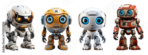 Collection of 3d animation of cute little cyborg robot characters futuristic style technology, generative ai