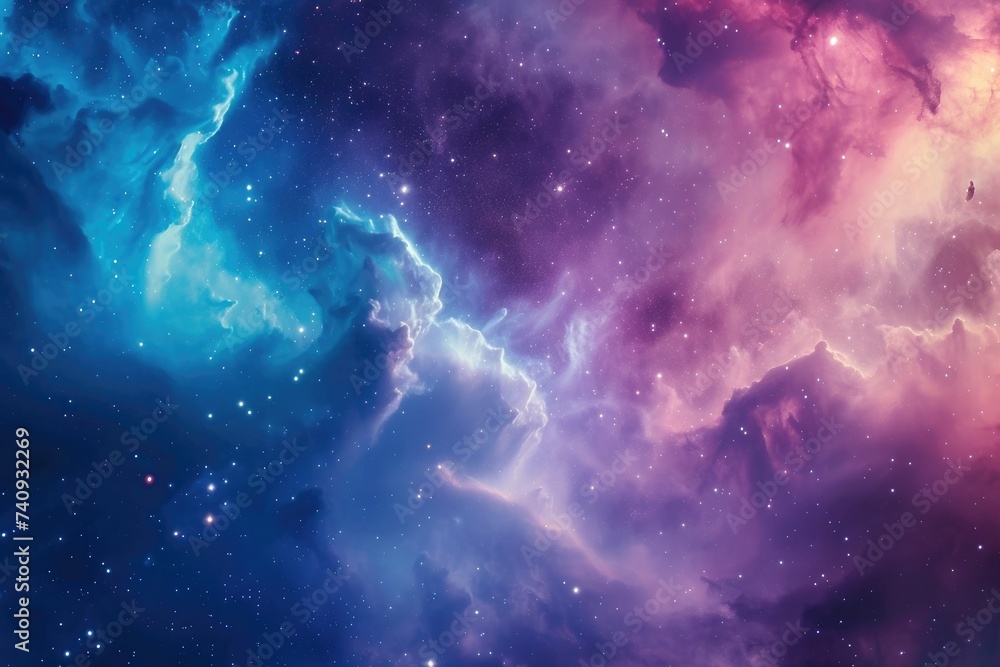 A vibrant and celestial space scene showcasing a multitude of stars and billowing clouds, Hues of pink and blue forming a nebula cloud formation in space, AI Generated A vibrant and celestial space scene showcasing a multitude of stars and billowing clouds, Hues of pink and blue forming a nebula cloud formation in space, AI Generated