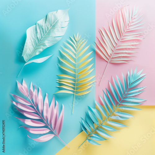 Pastel Tropical Leaves on Multicolored Background