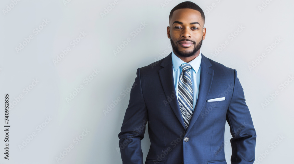 smiling bearded man in a professional setting, wearing a well-tailored blue suit with a white shirt and blue striped tie smiling bearded man in a professional setting, wearing a well-tailored blue suit with a white shirt and blue striped tie